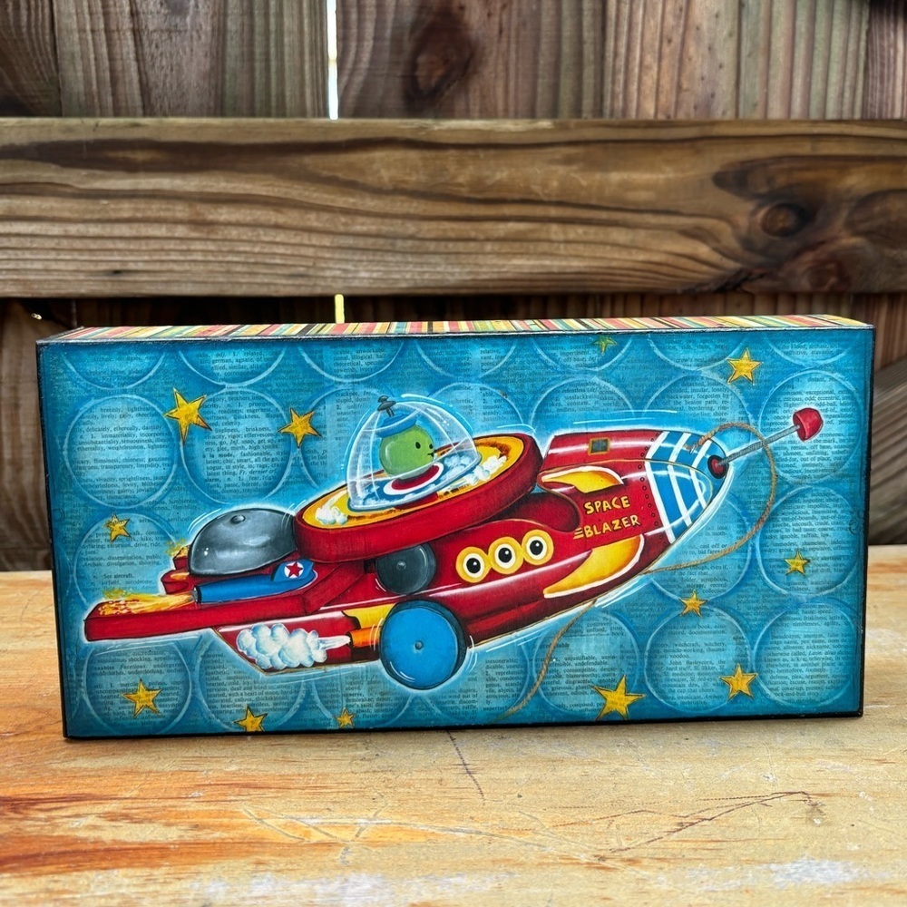 Space Blazer Rocket Ship in Outer Space Art Print on Wood with Hanger 10 1/8”L